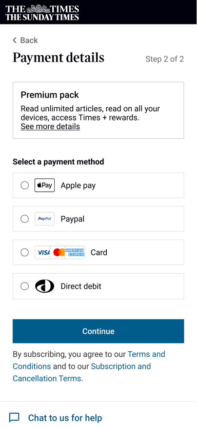 Subscription summary shown alongside payment method selection
